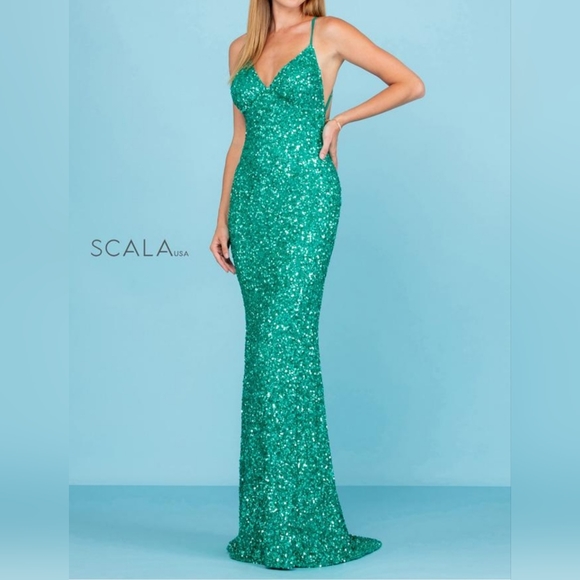 Scala sequin gown. Mermaid style with spaghetti straps. - Picture 1 of 6